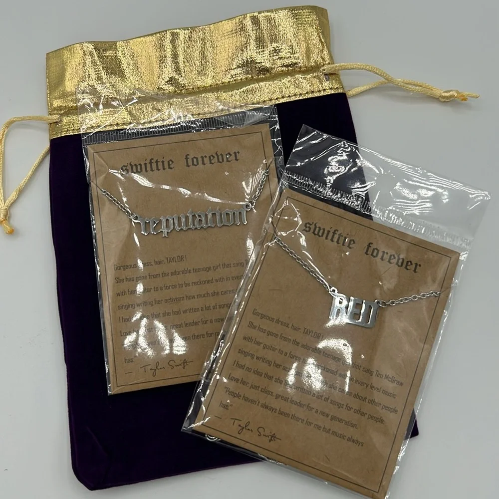 NWT Taylor Swift 2pack Reputation & RED Silver Tone Necklace Swifties in Giftbag - Picture 1 of 9